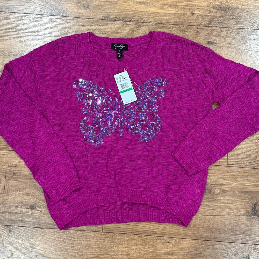 Jessica Simpson NWT Girls Purple Sequin Butterfly Sweater SZ Large L Top